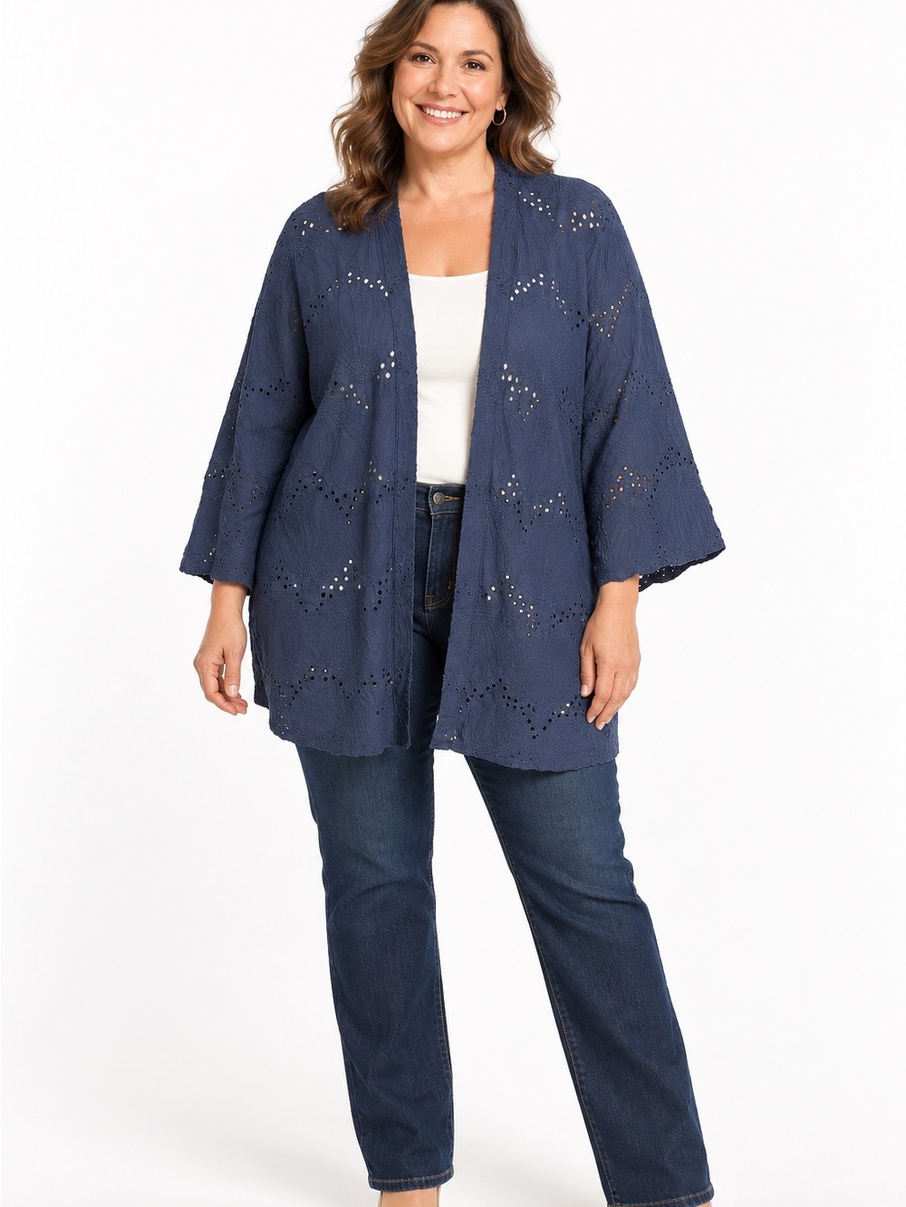 J.Jill Navy Embroidered Eyelet Open Front Kimono Jacket Plus XL-3X Boho Artsy